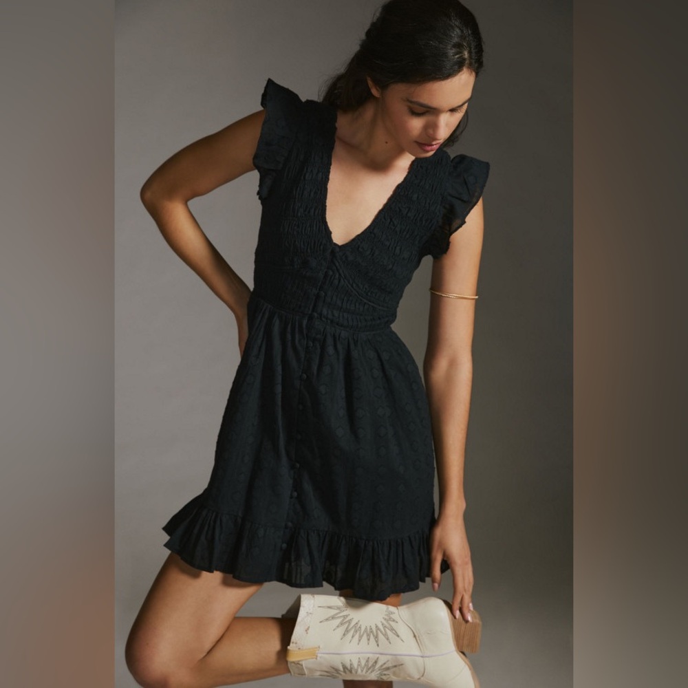 Anthropologie Peregrine Mini Dress Women's Size XS Black Cotton Smocked Pockets - Picture 2 of 12